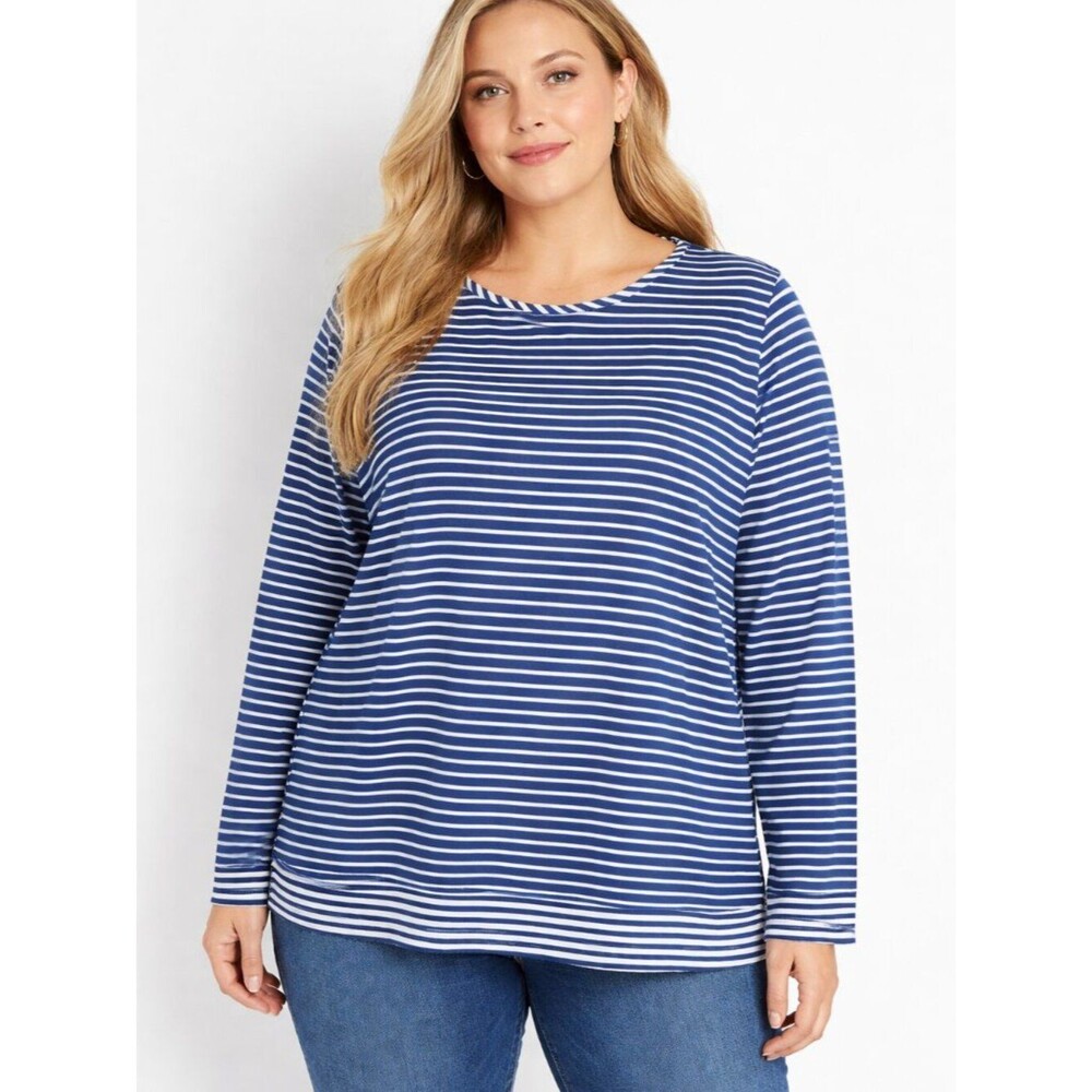 Kim Rogers Navy & White Striped Long-Sleeve Tunic Top